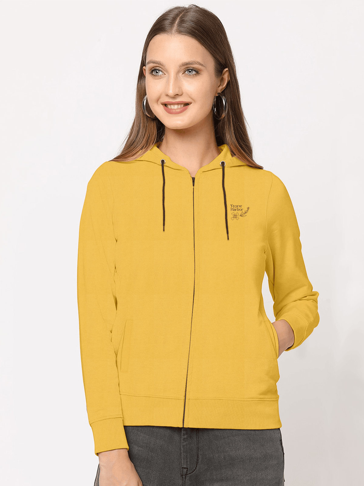Stone Harbor WOMEN&#39;S MUSTARD FLEECE ZIP-UP HOODIE