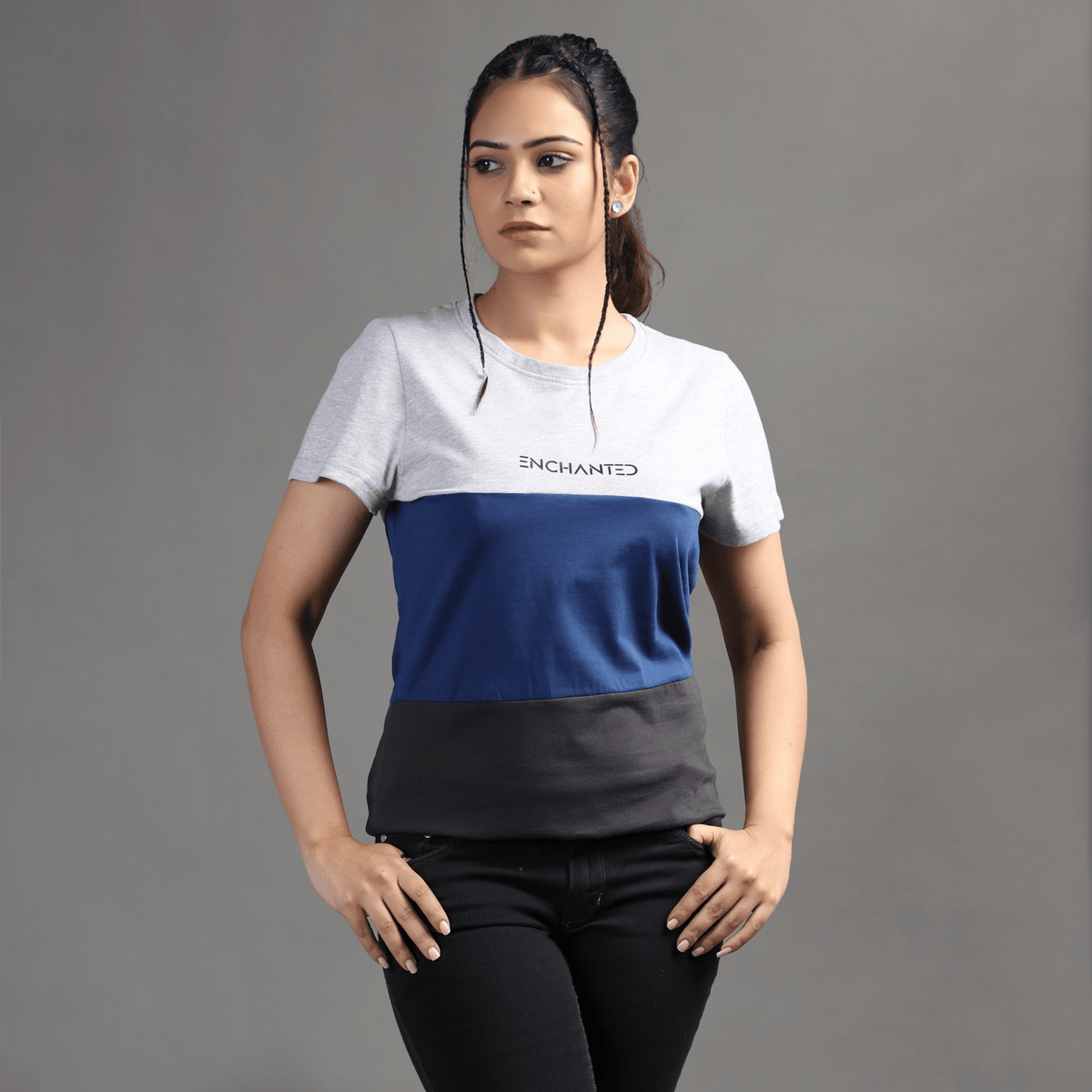 Stone Harbor Women T Shirt Gray/Blue/Charcoal / S (10) WOMEN&#39;S ENCHANTED THREE PANELED TEE SHIRT